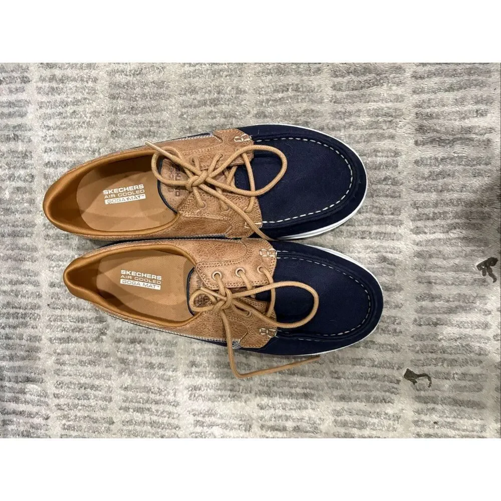 Skechers Mens Air Cooled Goga Mat Boat Shoes Lace-Up Comfort Navy Blue Size 8.5
